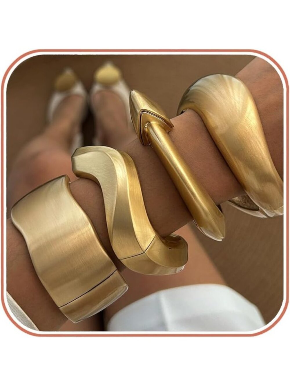 Vintage Chunky Gold Cuff Bracelets Set – Matte Geometric Bangle, Sculptural Punk